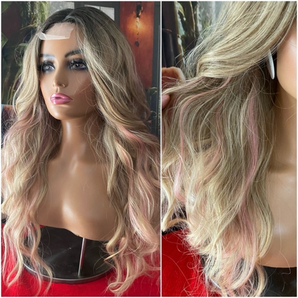 NEW Pink ribbon Highlights Center lace blonde wig-